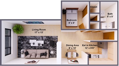 Floor plan for 1 bed, 1 bath, 525 sqft