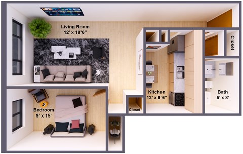 Floor plan for 1 bed, 1 bath, 600 sqft