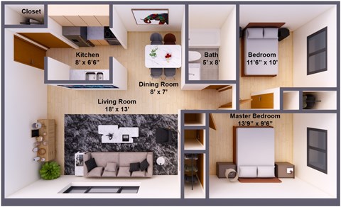 Floor plan for 2 beds, 1 bath, 665 sqft