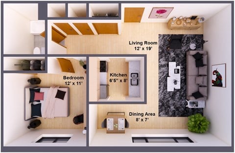 Floor plan for 1 bed, 1 bath, 570 sqft