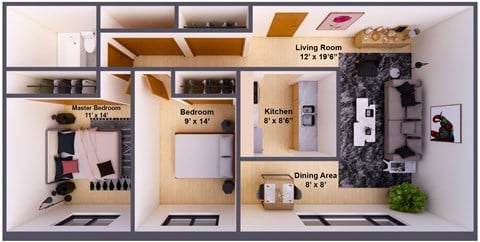Floor plan for 2 beds, 1 bath, 780 sqft