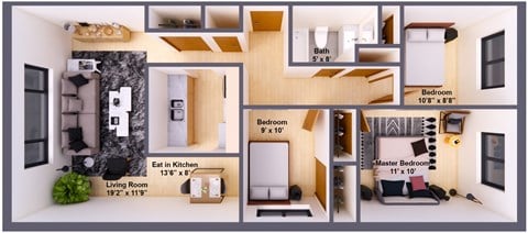 Floor plan for 3 beds, 1 bath, 820 sqft