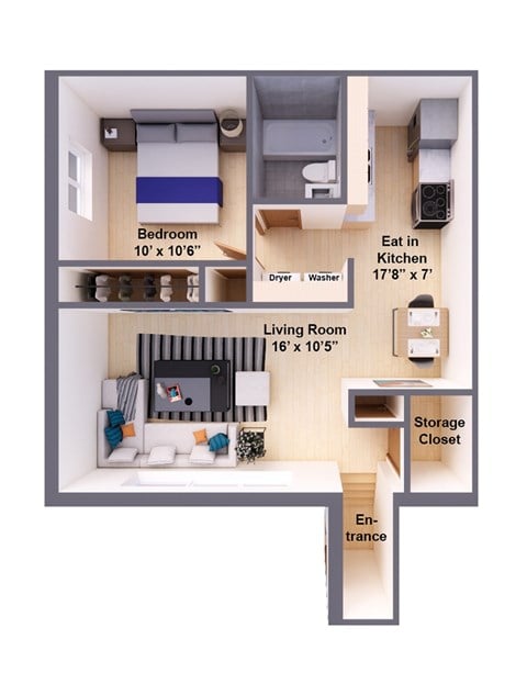 Floor plan for 1 bed, 1 bath, 625 sqft