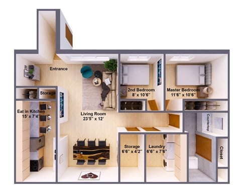 Floor plan for 2 beds, 1 bath, 900 sqft