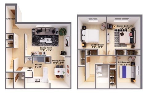 Floor plan for 3 beds, 1.5 baths, 1155 sqft