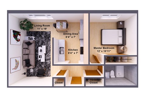 Floor plan for 1 bed, 1 bath, 600 sqft