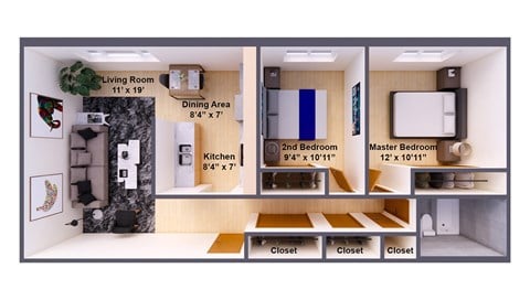 Floor plan for 2 beds, 1 bath, 770 sqft