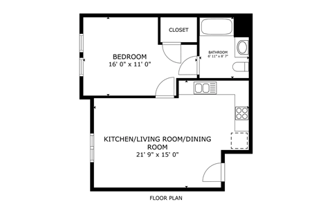 Floor plan for 1 bed, 1 bath, 531 sqft