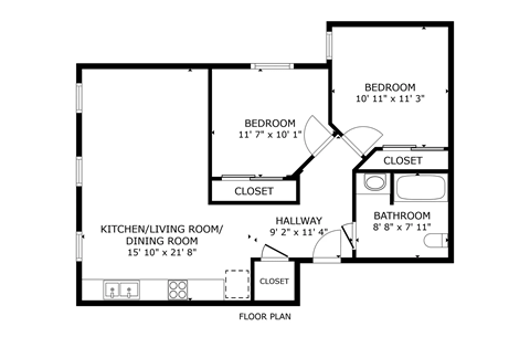 Floor plan for 2 beds, 1 bath, 738 sqft