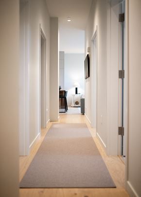 Portland apartment for rent - a long hallway with a rug and a bedroom in the background