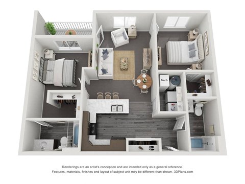 Floor plan for 2 beds, 2 baths, 935 sqft