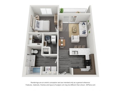 Floor plan for 1 bed, 1 bath, 660 sqft