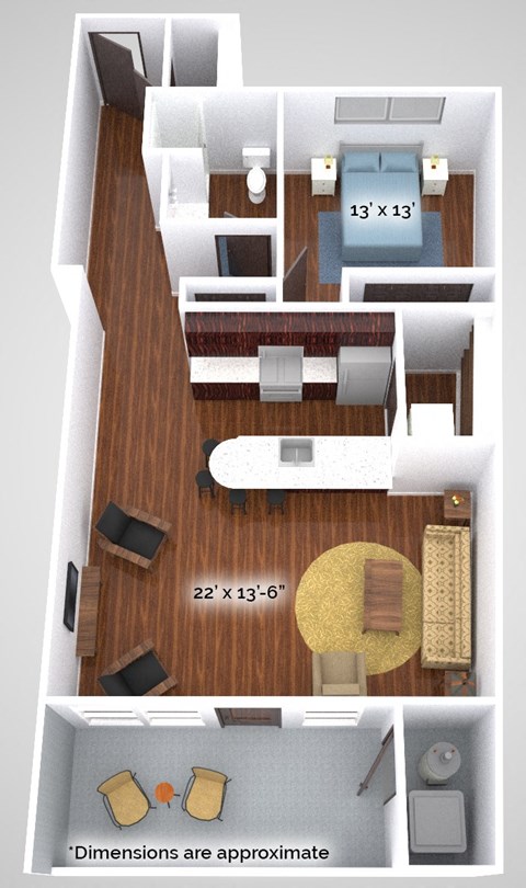 Floor plan for 1 bed, 1 bath, 837 sqft