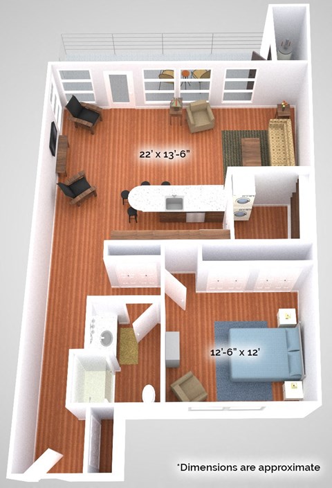 Floor plan for 1 bed, 1 bath, 1003 sqft
