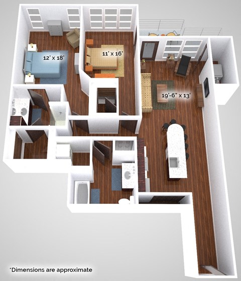 Floor plan for 2 beds, 2 baths, 1214 sqft