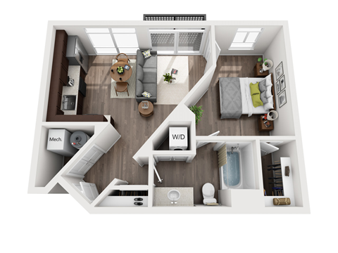 Floor plan for 1 bed, 2 baths, 775 sqft