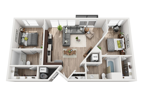 Floor plan for 2 beds, 2 baths, 1030 sqft