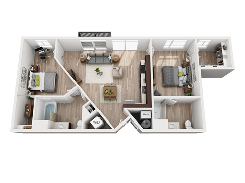Floor plan for 2 beds, 2 baths, 1105 sqft