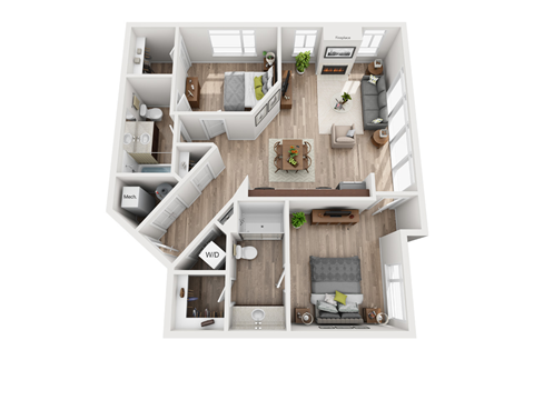 Floor plan for 2 beds, 2 baths, 1039 sqft