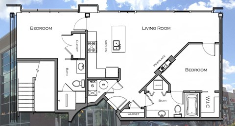 Floor plan for 2 beds, 2 baths, 1000 sqft