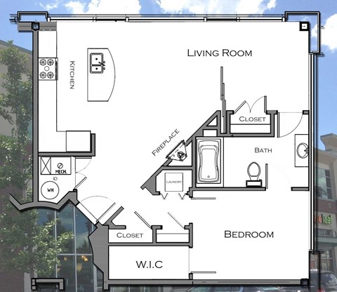 Floor plan for 1 bed, 1 bath, 874 sqft