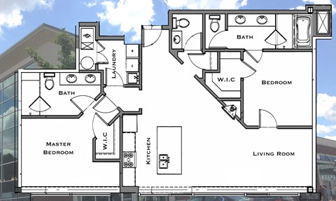 Floor plan for 2 beds, 2.5 baths, 1280 sqft