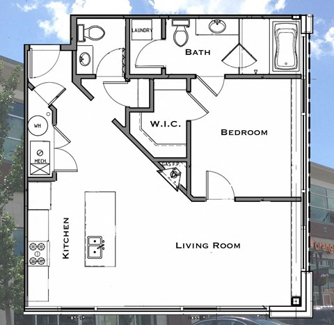 Floor plan for 1 bed, 1.5 baths, 832 sqft