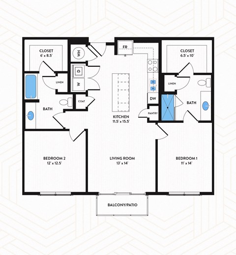 Floor plan for 2 beds, 2 baths, 1095 sqft