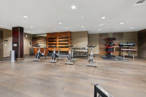 Houston apartment for rent - A gym with a variety of exercise equipment including treadmills, stationary bikes, and weight machines.