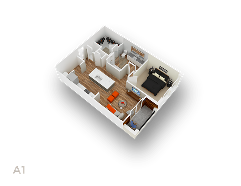 Floor plan for 1 bed, 1 bath, 698 sqft