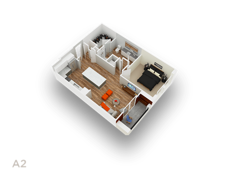 Floor plan for 1 bed, 1 bath, 744 sqft