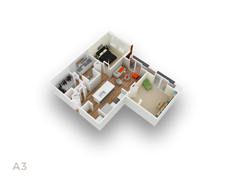 Floor plan for 1 bed, 1 bath, 833 sqft
