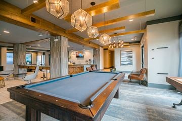 Dallas apartment for rent - a pool table in a living room with a bar and couches