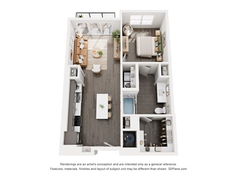 Floor plan for 1 bed, 1 bath, 711 sqft