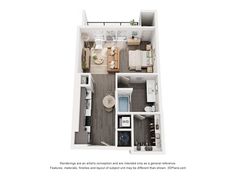 Floor plan for studio, 1 bath, 599 sqft