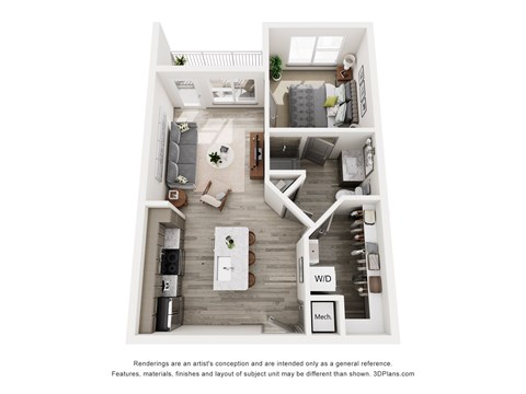 Floor plan for 1 bed, 1 bath, 592 sqft