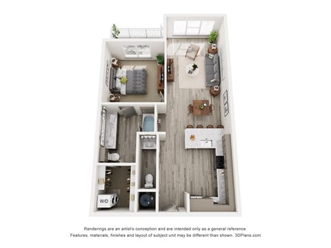 Floor plan for 1 bed, 1.5 baths, 864 sqft