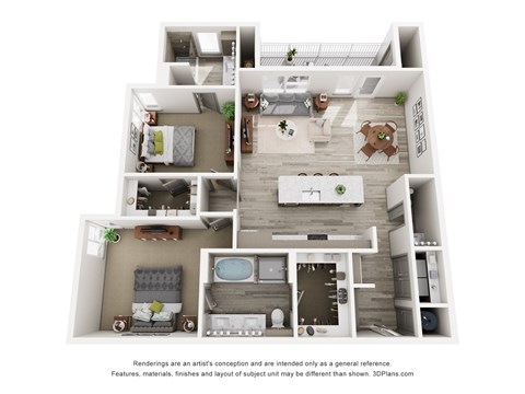 Floor plan for 2 beds, 2.5 baths, 1285 sqft