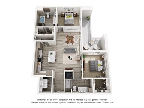 Floor plan for 2 beds, 2.5 baths, 1237 sqft