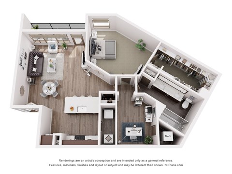 Floor plan for 1 bed, 1 bath, 1005 sqft