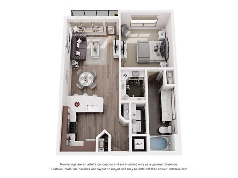 Floor plan for 1 bed, 1 bath, 711 sqft