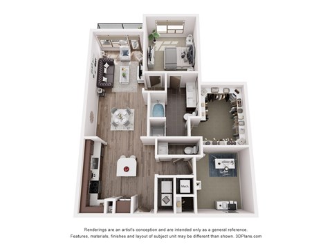 Floor plan for 1 bed, 1.5 baths, 1079 sqft