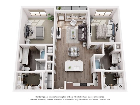 Floor plan for 2 beds, 2 baths, 1116 sqft