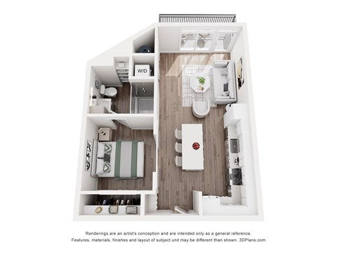 Floor plan for 1 bed, 1 bath, 600 sqft