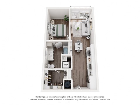 Floor plan for 1 bed, 1 bath, 608 sqft