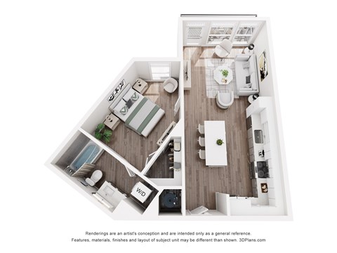 Floor plan for 1 bed, 1 bath, 630 sqft