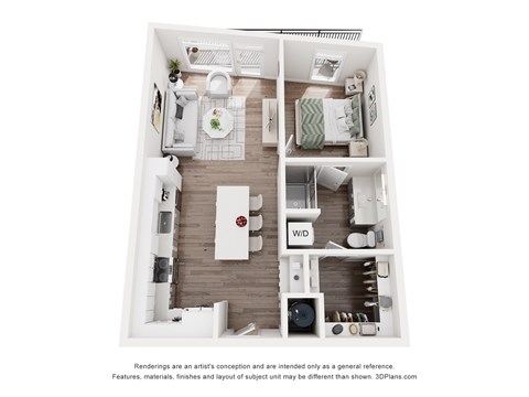 Floor plan for 1 bed, 1 bath, 633 sqft