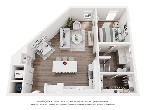 Floor plan for 1 bed, 1 bath, 735 sqft