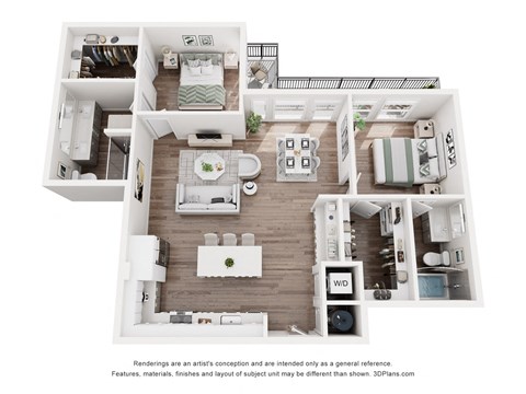 Floor plan for 2 beds, 2 baths, 1135 sqft