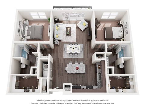 Floor plan for 2 beds, 2 baths, 1243 sqft